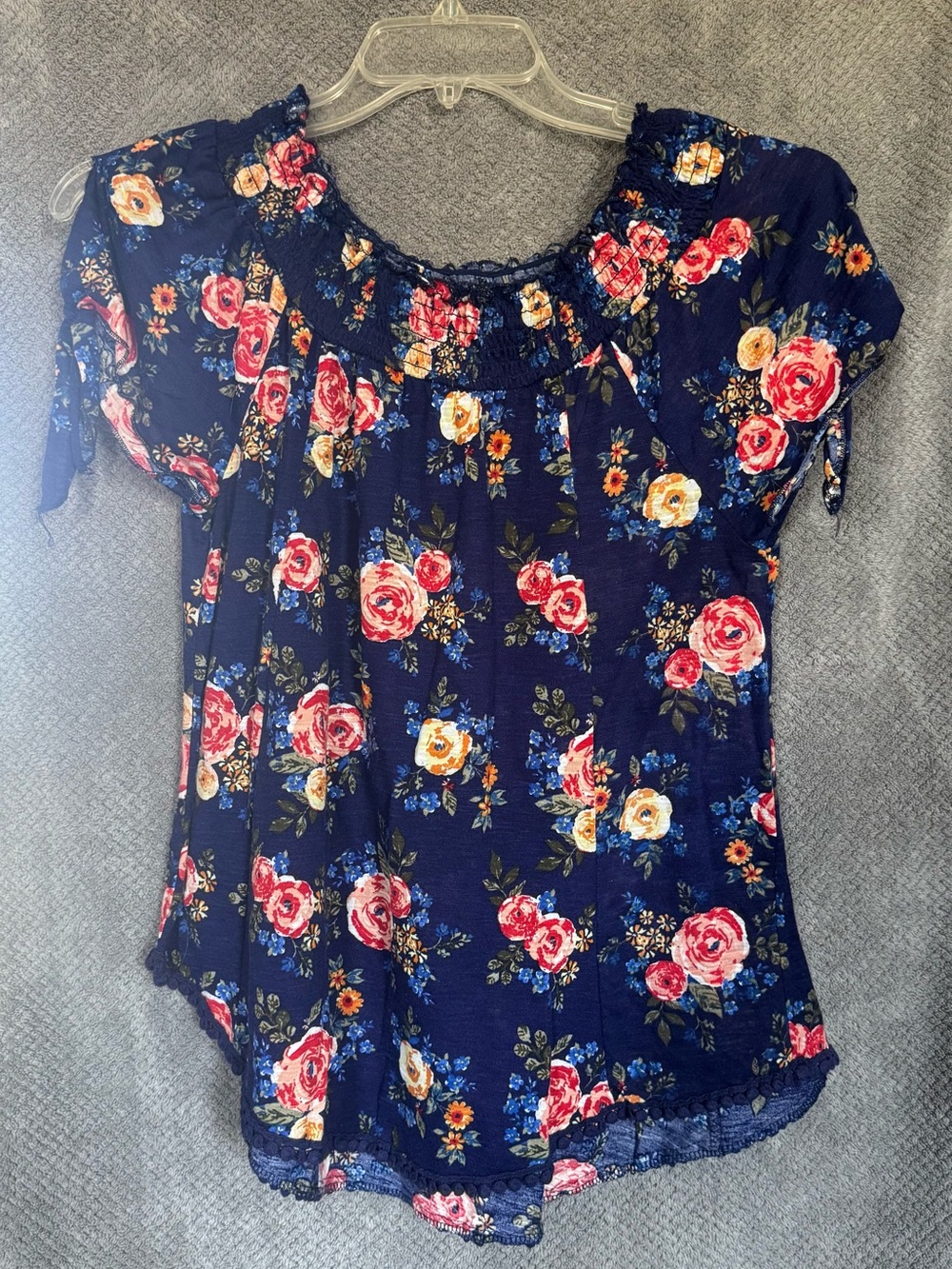 No Boundaries Navy Floral Short-Sleeve Smocked Blouse